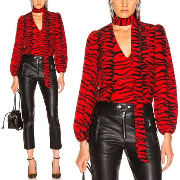 RIXO Moss Blouse In Tiger Stripe 100% Silk Tie Neck Long Sleeve Top Red Medium - Picture 1 of 12